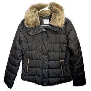 Old Navy Puffer Jacket Fur Trim Collar Womens S/P Quilted Snap Button Full Zip